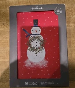 Hallmark Weihnachtskarten Schneemann auf rotem Hintergrund weiße Schneeflocken 15 Stück - Bild 1 von 4