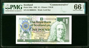 Scotland One Pound 1992 Commemorative LOW # 0000234 Pick-356a GEM UNC PMG 66 EPQ - Bild 1 von 2