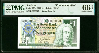 Scotland One Pound 1992 Commemorative LOW # 0000234 Pick-356a GEM UNC PMG 66 EPQ - Image 1 of 2