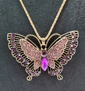 Betsey Johnson 3"x2" Butterfly Necklace 24" Purple Pink Rhinestone Gold-Tone - Picture 1 of 5