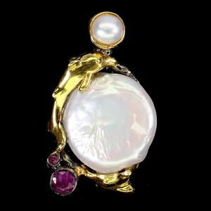 Black Friday 925 Silver Pendant Round Ruby 5mm Pearl Dolphin Gemstone Jewelry - Picture 1 of 14