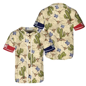 Texas Baseball Jersey Western Cowboy Shirt Texas Longhorn Tee Cactus Print Jerse - Picture 1 of 8