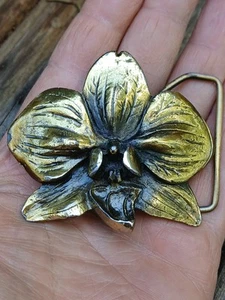 Vintage Orchid Flower Metal Brass 3" Buckle by Hausermann Fits 1 5" Belt Exotic - Picture 1 of 7