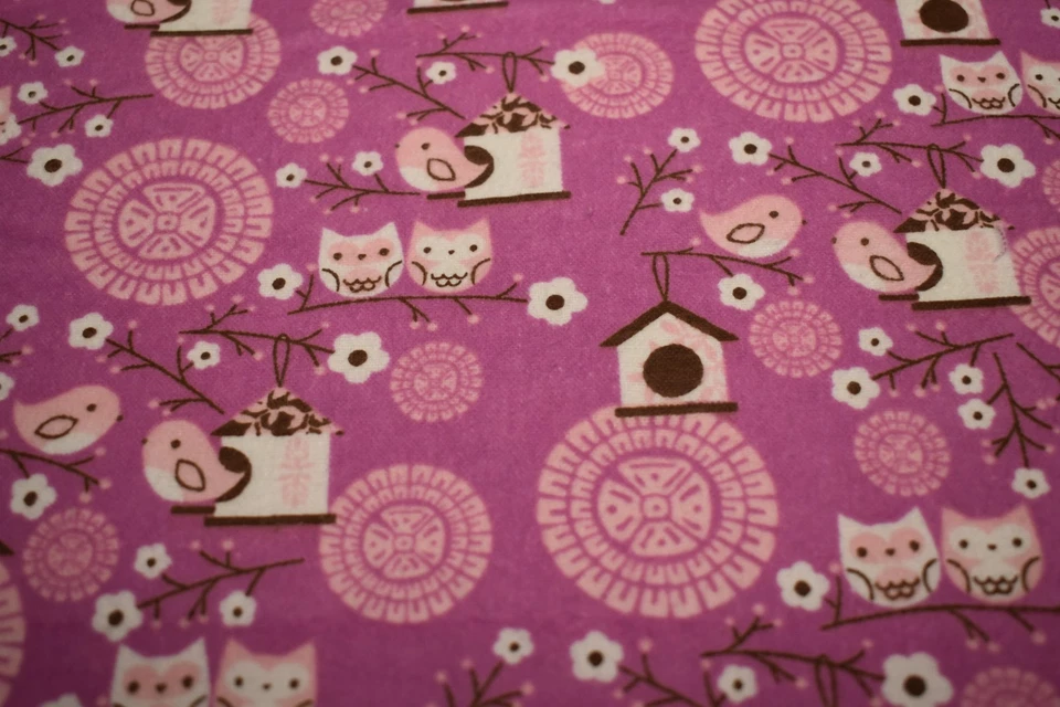 JOANN Cotton Flannel  2.8 yards x 43" BIRDS OWLS FLORAL bird house PINK BROWN - Image 1 of 4