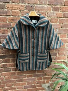 Vintage 60s Harella Green Brown Black Striped Wool Blend Coat Cape 10 - Picture 1 of 12