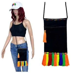 Handmade Tassel Crossbody Purse Black & Multi-Color Fringe Mini Festival New - Picture 1 of 9