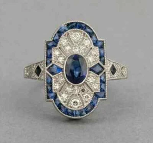 Art Deco Stil Saphir & Lab Created Diamantrand Verlobungsring 925 Silber Ring - Bild 1 von 4