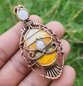 Bumblebee Jasper Moonstone Ethnic Handmade Wire Wrapped Evil Eye Pendant Jewelry - Picture 1 of 5