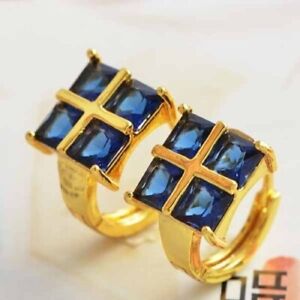 Pretty New Yellow Gold Filled 4 Square Princess Cut Blue CZ Huggie Hoop Earrings