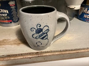 Vintage Rowe Pottery Works Buzzing Bee Mug Blue Salt Glazed Stoneware 16oz NICE - Picture 1 of 4