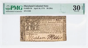 Fr. MD-70, PMG 30EPQ, Maryland Colonial Currency, April 10, 1774, $8 - Picture 1 of 4