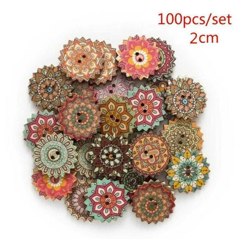Wooden Round Sewing Buttons DIY 100Pcs Craft  Wood Flower  Holes 2  Scrapbooking - Image 1 of 4