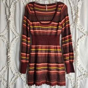 Vestido Suéter Tejido Free People Rojo Naranja Rayas Estilo Años 70 Talla Mediana - Imagen 1 de 4