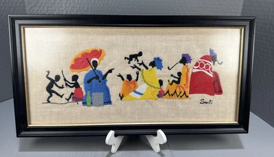 South African Embroidered Burlap Framed Folk Art Picture Family Kids 14.5x7.5" - Image 1 of 4