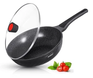 Nonstick wok with Lid Induction Gas Elec 30CM Black Aluminium Deep Frying Pan - Picture 1 of 10