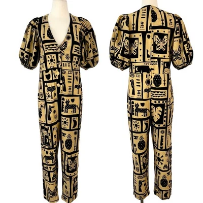 FARM Rio Linen Button-Down Jumpsuit Short Balloon Sleeve Beige/Black S - Image 1 of 4