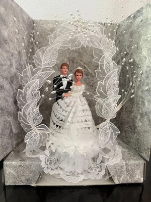 Vintage Bride Groom Wedding Cake Topper Floral Lace beads  NEW - Image 1 of 4