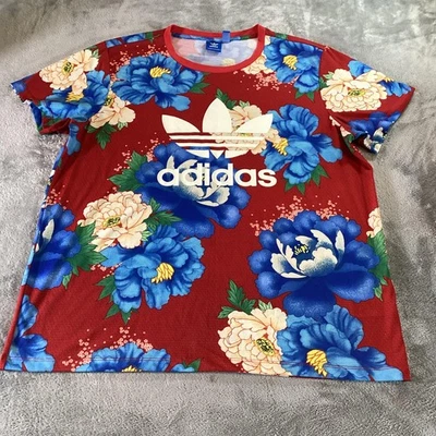 Camiseta Adidas Originales Para Hombre Grande Roja Floral Logotipo del Trifolio Camiseta Gráfica Completa Foto 1 de 4