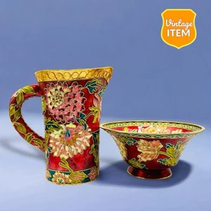 Vintage Cloisonné Enameled Metal Red & Gold Tone Floral Pitcher & Bowl. RARE! - Picture 1 of 11