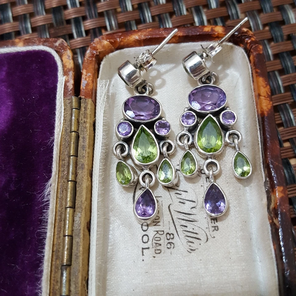 Qvc 925 Sterling Silver Earrings, Multi Gemstones Dangle, Amethyst, Peridot - Image 1 of 4