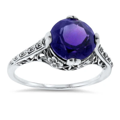 ART NOUVEAU STYLE 925 STERLING SILVER 2.5 Ct LAB-CREATED AMETHYST RING      062X - Image 1 of 4