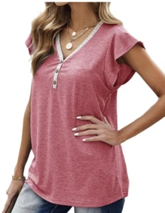 PLNOTME Mujer Camisa Rosa Volantes Sin Mangas Cuello en V Botones Camiseta sin Mangas Mediana - Imagen 1 de 8