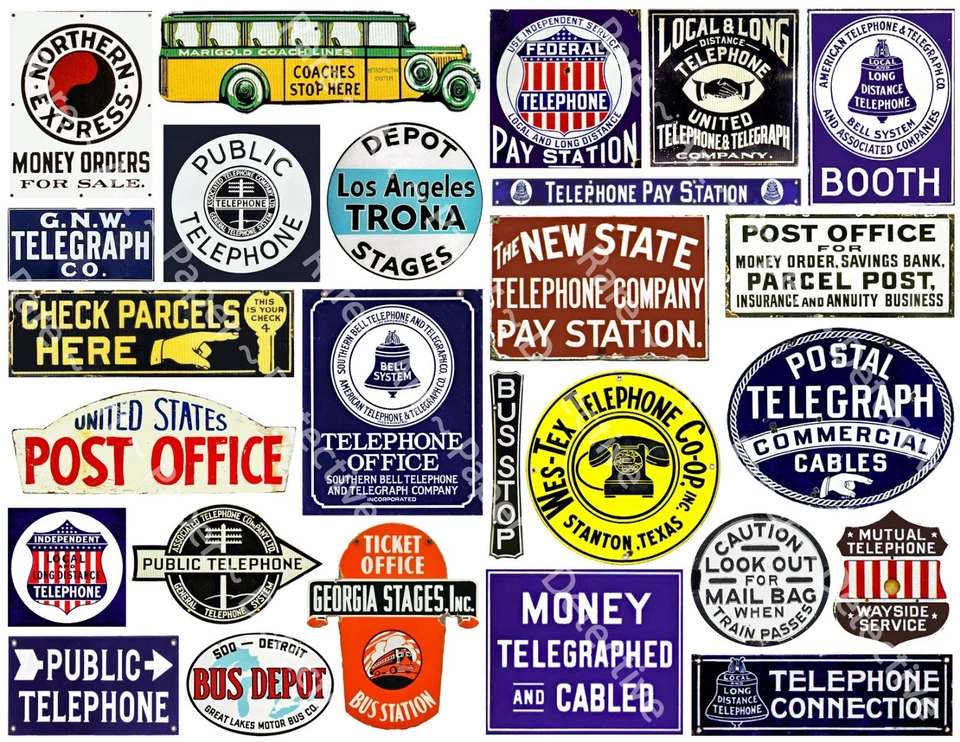 Telephone, Telegraph & Bus Stop Travel Signs, Junk Journal Scrapbook, 1 Sheet - Image 1 of 1