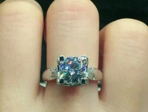 2Ct Round Sparkle Moissanite Solitaire Engagement Ring 14K White Gold Plated - Picture 1 of 3