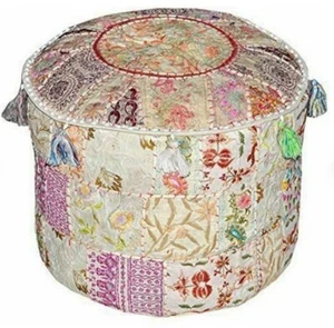 Indian Cotton Handmade Patchwork Round Foot Stool Ottoman Pouf Cover Vintage - Picture 1 of 2