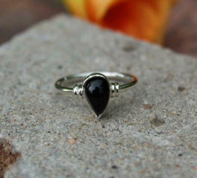 Naturale Onice Nera Anello 925 Argento Sterling Pera Cabochon Boho Gitano - Immagine 1 di 4