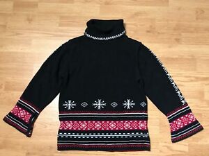 Hanna Andersson Sweater Girls 140 Black Red Fair Isle Turtleneck 100% Cotton