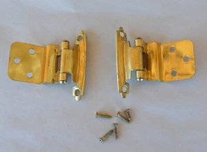 2 Used Brass Gold Tone Metal Spring Loaded Cabinet Door Hinges w 10 Screws - Picture 1 of 10
