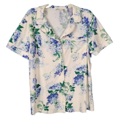 ISAAC MIZRAHI Womans WHITE FLORAL PJ Pajama Top SHORT Sleeve VERY SOFT size Lg - Image 1 of 4