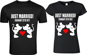 Recién Married Mickey & Minnie Camiseta Diseños Personalizado Fecha, beso de amor - Imagen 1 de 5