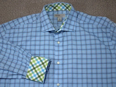 Jack Stone by Thomas Dean Mens Large Blue Plaid Flip Cuff Collared Dress Shirt - Image 1 of 4