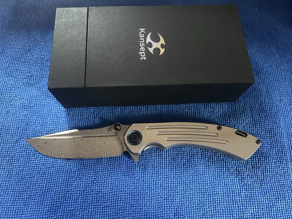 Kansept Pretatout Framelock Gray Folding Knife Damascus Steel Blade - K1032D1