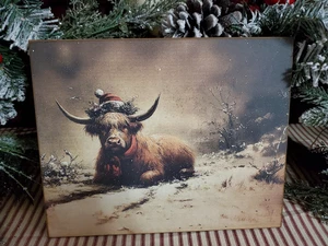 PRIMITIVE FARM SHABBY VINTAGE STYLE CHRISTMAS HIGHLAND COW SANTA HAT WINTER SIGN - Picture 1 of 13