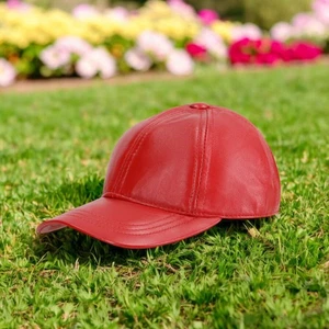 Rote Echtleder Herren Damen Baseball Kappe Handarbeit Freizeit Vintage Biker Mütze - Bild 1 von 3