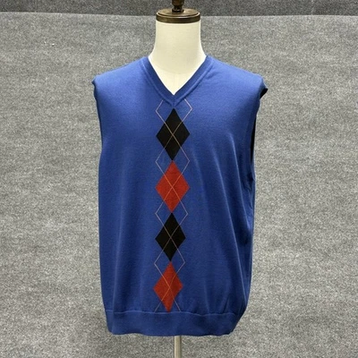 Alan Flusser Golf Sweater Vest Mens Large Blue Argyle V Neck Pullover Cotton - Image 1 of 4