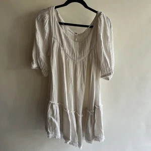 Free People Gauze Babydoll Blouse Dress Sz Lg Women’s Ivory Off White Festival - Picture 1 of 5