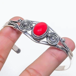 Red Coral Gemstone Handmade 925 Sterling silver Adjustable Cuff Bracelet - Picture 1 of 1