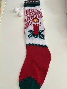 Vintage Merry Christmas Stocking Candle Holiday Decoration Red Green Pom Pom - Picture 1 of 7