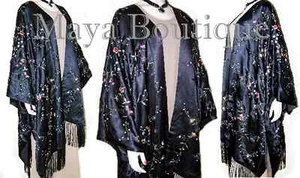 Caftan Kimono Duster Embroidered Silk Charmeuse Fringed & Lined NEW MAYA - Picture 1 of 1