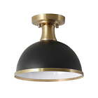 1-Light Matte Black Semi-Flush Mount Ceiling Light with Matte Brass Accents