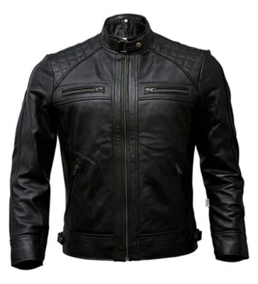 Men's Black Leather Jacket Real Lambskin Cafe Racer Biker - Image 1 of 4