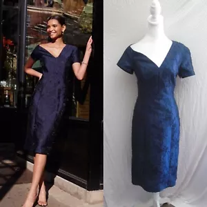 NEW KAY UNGER Navy ADRIANNA Floral JACQUARD Asymmetrical V-NECK Sheath DRESS 2 - Picture 1 of 12