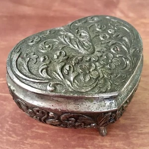 Antique JAPAN Metal Miniature Jewelry Trinket Box Silvertone HEART-SHAPED - Picture 1 of 9