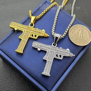 Edelstahl Maschinengewehr Iced Hip Hop CZ Anhänger & 24" Seil Kette Halskette - Bild 1 von 10