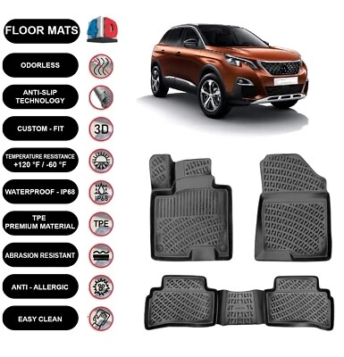 Floor Mats Liner Fits Peugeot 3008 2016-2024 Waterproof 4D Molded Black 4pcs - Image 1 of 3