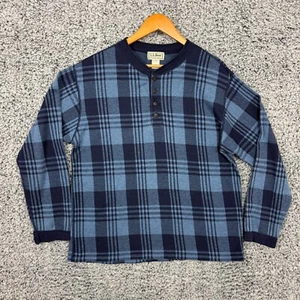 Vintage LL Bean Shirt Mens Large Blue Plaid Henley L/S 90s USA Made Adult L - Picture 1 of 13